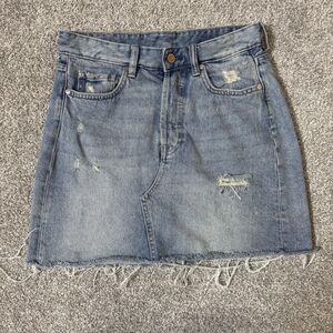 H&M &Denim Skirt Womens 8 Blue Distressed Raw Hem Frayed Button Fly Casual